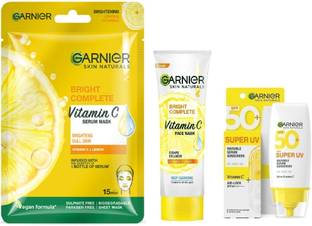 Garnier Bright Complete Super UV Invisible Serum Sunscreen SPF 50 PA++++ UVA/B, 30ml + Vitamin C Foam Face Wash 50g + Bright Complete Vitamin C Sheet Mask 28g