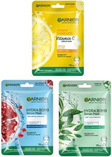 Garnier Bright Complete Vitamin C Skin Brightning Mask + Green Tea Mask + Pomegranate Mask (PACK OF 3)