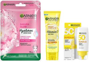 Garnier Bright Complete Super UV Invisible Serum Sunscreen SPF 50 PA++++ UVA/B, 30ml + Vitamin C Gel Face Wash 50ml + Sakura Pink Glow Sheet Mask 28g