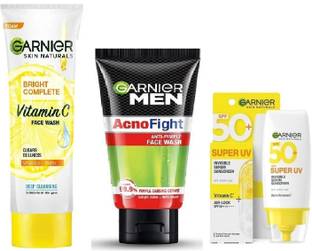 Garnier Bright Complete Super UV Invisible Serum Sunscreen SPF 50 PA++++ UVA/B, 30ml + Vitamin C Foam Face Wash 100g + Acno Fight Anti Pimple Face Wash 100g