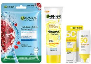 Garnier Bright Complete Super UV Invisible Serum Sunscreen SPF 50 PA++++ UVA/B, 30ml + Vitamin C Foam Face Wash 100g + Pomegranate Sheet Mask 28g