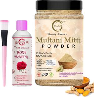slukrl Combo Multani Mitti Powder_Gulab Jal_Makeup Brush Natural Fuller's Earth