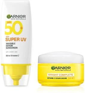 GARNIER SPF 50 PA+++ for UVA/B Invisible Serum Sunscreen for Broad Spectrum with No White Cast + Vitamin C Serum UV Cream-23g