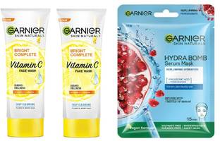 Garnier Bright Complete VITAMIN C FACEWASH FOR BRIGHTER AND GLOWING SKIN DAILY CLEANSE 2PCS-100g+POMEGRANTE BLUE MASK