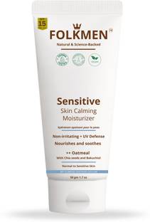 FolkMen Sensitive Skin-Calming Moisturizer For Dry to Normal,Sensitive Skin|Oatmeal, Bakuchiol & Chia|SPF 15 PA+++|Non-greasy,Won’t Clog Pores |Dermatologically Tested|For Men