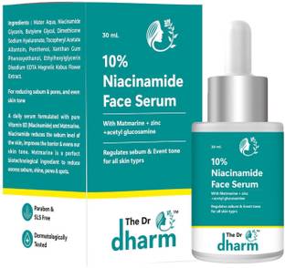 THE DR DHARM 10% NIACINAMIDE FACE SERUM WITH MATMARINE +ZINC +ACETYL GLUCOSAMINE REGULATES SEBUM& EVENT TONE FOE ALL SKIN