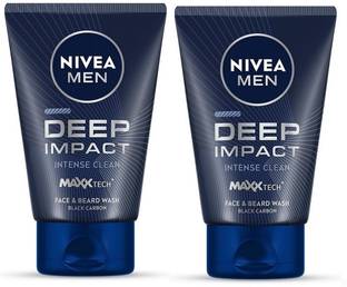 NIVEA MEN Deep Impact Face & Beard Wash 100ml | Deep Cleansing With Charcoal For Oil-Free, Refreshed Skin | Removes Dirt, Pollution & Excess Oil | Suitable for Beard & Face-100ml (PACK OF 2)