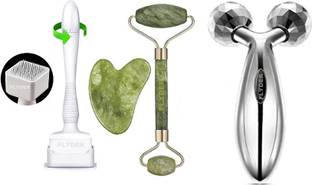 FLYDER Derma Stamp Adjustable Pen 0mm - 3mm,140 A Titanium micro needles, Jade Roller 100% Natural Stone Gau Sha, 3D Massager