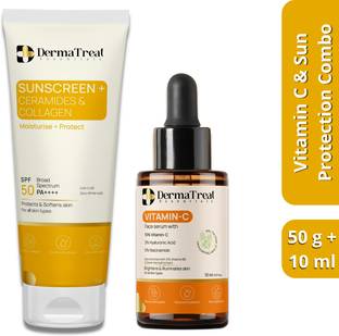 DermaTreat Essentials Vitamin C Skincare Combo – Vitamin C 10ml Serum + Sunscreen 50g Sun Protection & Radiant Skin | Travel-Friendly Skincare (2 in Set)