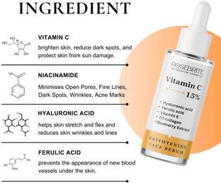 RoseBrite Vitamin C Glow Serum with Ferulic Acid & Hyaluronic Acid – Reduces Pigmentation, Boosts Collagen, Hydrates Skin