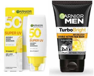 Garnier Bright Complete Super UV Invisible Serum Sunscreen SPF 50 PA++++ UVA/B, 30ml + Turbo Bright Anti-Pollution Double Action Face Wash 100g