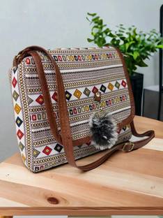 mas navi White, Brown Sling Bag Imported Fabric Vegan Leather Fashion Bags