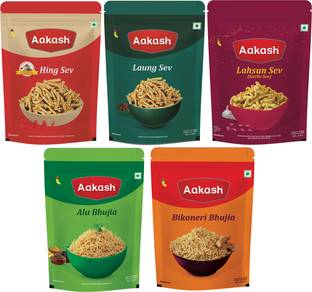 AAKASH Namkeen Sev, & Bhujia Combo | Pack of 5 | 350gm Each | Traditional Spicy Namkeen