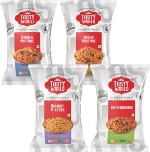 Tasty World Mixtures 4 Flavours Combo Pack - Kerala, Garlic, Bombay Mixtures & Kharaboondi
