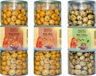 Mithila Munchies Roasted & Flavored Makhana,Combo of 3-Tomato, Peri Peri, Mint Pudina(90X3)