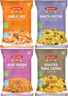 balasa Combo Pack of 4 (Aloo Bhujia, Garlic Mix , Roasted Poha & Khatta Meetha)