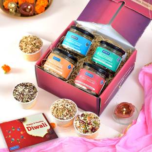 Keeros Healthy Diwali Gift Box with a variety of Sweet & Salted, Tasty & Nutritious Super Snacks in Beautiful Glass Jars Packed in Premium Gift Hamper | Diwali Corporate Gift for Employees & Clients