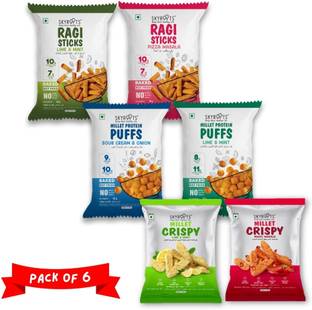 SKYROOTS Millet Snacks Pack of 6 | Ragi Sticks & Millet Protein Puffs & Crispy Snacks