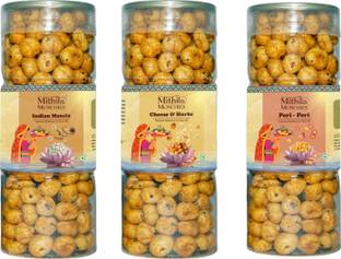 Mithila Munchies Roasted & Flavored Makhana,Combo of 3-Cheese Herbs,Peri Peri,Indian Masala(90X3)