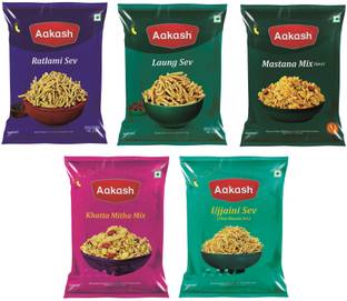 AAKASH Namkeen Sev & Mixture Combo | All time Indian Snacks | (Pack of 5), 150 Gm Each.