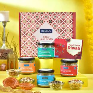 Keeros Healthy Diwali Gift Box with a variety of Sweet & Salted, Tasty & Nutritious Super Snacks in Beautiful Glass Jars Packed in Premium Gift Hamper | Diwali Corporate Gift for Employees & Clients