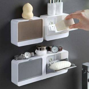 LILA ENTERPRISE Plastic Wall Mounted Double Bar Bathroom Soap Holder Soap Box with Lid