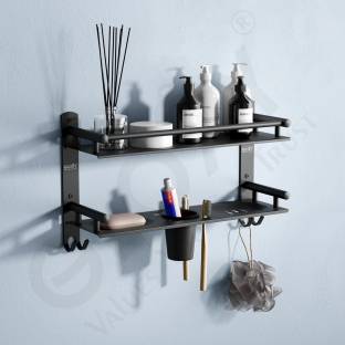 GLOXY Matte Finish 2 Layer Bathroom Shelf Rack with Soap Dish and Toothbrush Holder