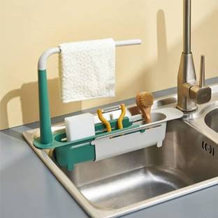 Upkaranwale ABS Plastic Sink Storage Rack Telescopic 2in1 Sink Expandable Sponge Soap Holder