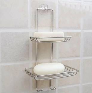 Zolento 2 Layer SS Wall Mounted Soap Dish Holder with Hook/ Bathroom Soap Stand