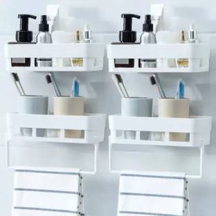 RNASUN 4 bathroom product stand Plastic Multipurpose Wall Shelves with 2 Towel Hanger
