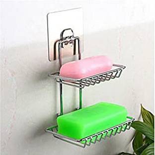 HARI SALES Wall Mount Self-Adhesive Stainless Steel Waterproof Kitchen Bathroom Double-Layer Soap Dish Holder