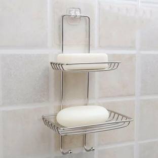 Tesla exim Double Layer Soap Dish Storage Organizer Holder and Stainless Steel Hook Self-Adhesive Stainless Steel Waterproof Kitchen Bathroom Soaps Storage Rack with Hook for Home