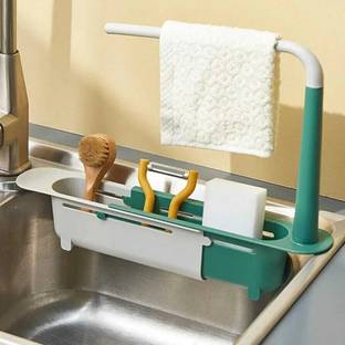 Upkaranwale ABS Plastic Sink Storage Rack Telescopic 2in1 Sink Expandable Sponge Soap Holder
