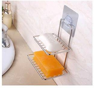 Gabani fashion Wall Mounted Double Layer soap Dish Holder Stainless Steel Wall Hanging Soap Storage Rack for Kitchen Bathroom-with Self Adhesive Magic Sticker(Silver)