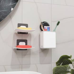 NESTIGO Toothbrush Holder & Soapdish for Bathroom | Wall Mounted Toothbrush Holder Plastic Toothbrush Holder