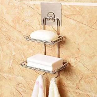 OnisHomes Wall Mounted Self-Adhesive Stainless Steel Double Layer soap Dish Holder Kitchen Bathroom Soaps Storage Rack with 2 Hook