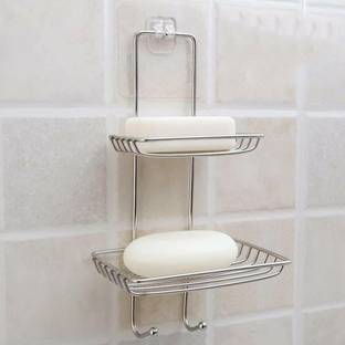 Tesla exim Double Layer Soap Dish Storage Organizer Holder and Stainless Steel Hook Self-Adhesive Stainless Steel Waterproof Kitchen Bathroom Soaps Storage Rack with Hook for Home