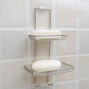 Tesla exim Double Layer Soap Dish Storage Organizer Holder and Stainless Steel Hook Self-Adhesive Stainless Steel Waterproof Kitchen Bathroom Soaps Storage Rack with Hook for Home