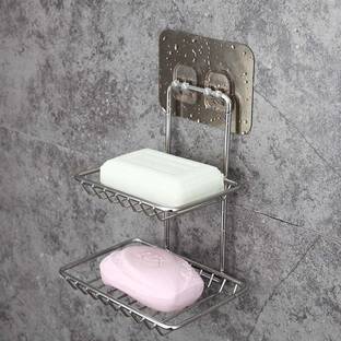 Gnexin Wall Mounted Double Layer soap Dish Holder Stainless Steel Wall Hanging Soap Storage Rack for Kitchen Bathroom (Silver)