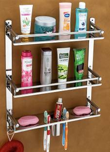 QUXOZO 2 in 1 bathroom self Stainless Steel 3 Layer Shelf with Bathroom Steel Soap Holder Towel Holder