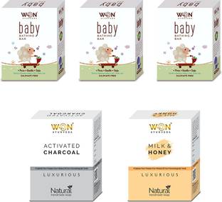 won ayurveda Baby Bathing, Cucumber & CocoFresh, Charcoal Soap Pack Of 5