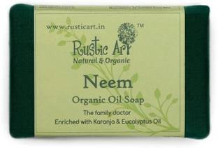 RUSTIC ART Organic Neem Soap |Handmade|Cold Processed|With Eucalyptus, Basil & Lemongrass Oils|For Sensitive Skin|Anti Bacterial & Anti Fungal|