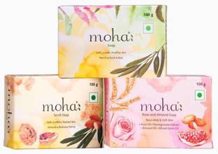 Moha Multi Soap Pack | Herbal Soap, Rose & Almond Soap and Scrub Soap (Pack of 3)