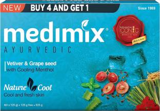 MEDIMIX Ayurvedic Cool Bathing Soap With Menthol & Grape Seed Buy 4 And Get 1 Extra