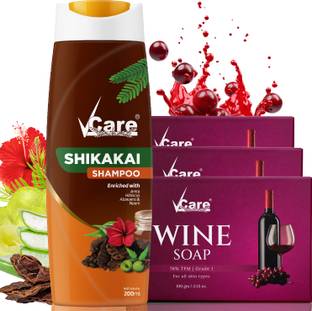Vcare Red Wine Bathing Soap Bar 100g and Shikakai Shampoo for Women & Men Combo Pack