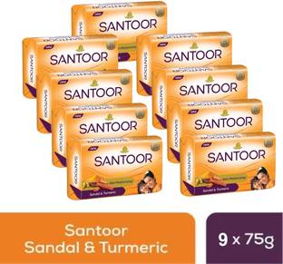 Santoor सैंडलवुड एंड टर्मरिक बाथ सोप फॉर यंगर लुकिंग एंड ग्लोइंग स्किन पैक ऑफ 9
