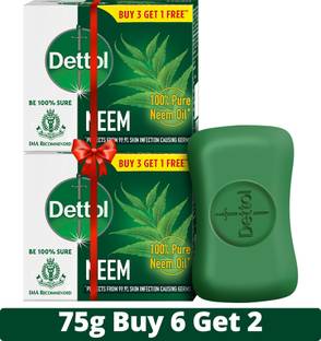 Dettol Neem Bathing Soap Bar with Pure Neem Oil, 75g (Buy 6 Get 2)