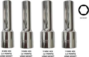 TOM 1/2" Drive CRV Steel 8, 10, 12, 13 MM Hex (6 Points) Long Socket Set