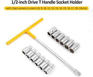 PRECISTO 13PCS Vehicle Car T Shaped Handle Wrench Spanner with 8-19mm 1/2 Socket Tool Set Socket Set