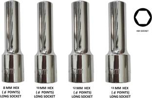 4MECH 1/2" Drive CRV Steel 8, 10, 12, 13 MM Hex (6 Points) Long Socket Set
